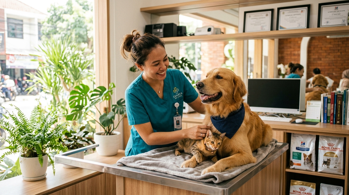 Dokter hewan wanita tersenyum memeriksa anjing golden retriever dan kucing di PawCare Clinic